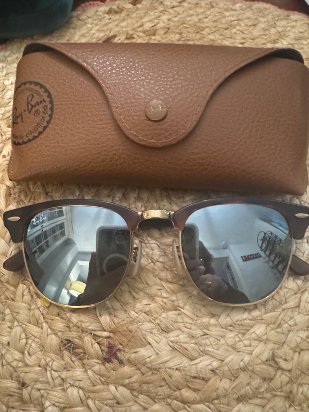 Ray-Ban Brown and Gold Clubmaster Sunglasses with Silver Mirrored Lenses